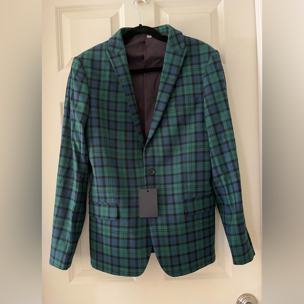 NWT ASOS Super Skinny Green & Blue Plaid Blackwatch Suit Blazer Jacket, 38
